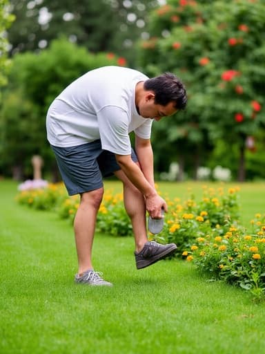 50대 초반의 동양인 남성이 편안한 티셔츠와 반바지를 입고, 한쪽 발을 들어 신발을 신으려 하는 모습의 반신 사진입니다. 그는 절망한 표정을 짓고 눈을 감은 채 머리를 살짝 숙이고 신발에 집중하고 있습니다. 배경은 화사한 꽃들이 피어 있는 정원과 평화로운 잔디가 어우러져 있으며, 남성의 감정과 대조를 이루는 아름다운 분위기를 연출합니다.