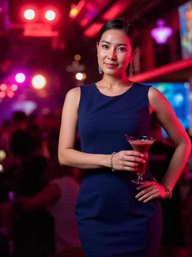 30대 초반의 자신감 넘치는 동양인 여성이 세련된 드레스를 입고 귀걸이와 팔찌 같은 액세서리를 착용한 채 서 있는 전신 사진입니다. 한 손에는 칵테일 잔을 들고 있으며, 우아함과 매력을 발산하고 있습니다. 화려한 조명이 비추는 클럽의 생동감 넘치는 환경이 사람들로 가득 차 즐거운 시간을 보내고 있습니다. 전체적인 구성은 그녀의 패셔너블한 의상과 자신감 있는 모습이 강조되며, 역동적인 배경 속에서 그녀가 중심이 됩니다.