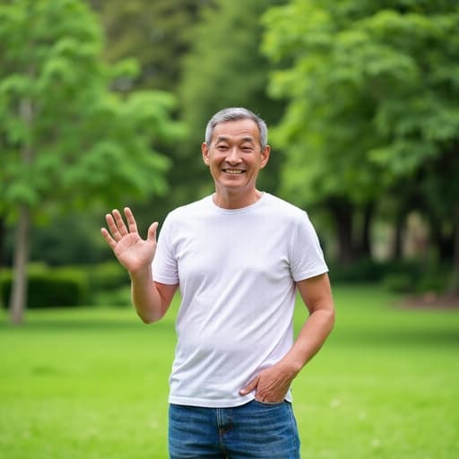 50대 초반의 아시아계 남성이 자연스러운 외모로 차분한 표정을 지으며 반신 사진을 찍었습니다. 그는 편안한 티셔츠와 청바지를 입고 있으며, 손을 흔들며 인사하는 자세를 취하고 있습니다. 배경은 푸른 잔디와 나무들이 있는 평화로운 공원으로, 그의 차분한 모습과 잘 어우러진 분위기를 만들어냅니다.