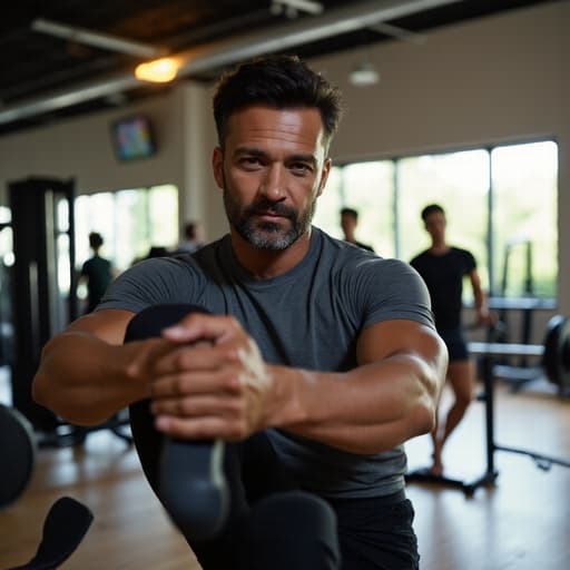 40대 중반의 건강한 혼혈 남성이 운동용 티셔츠와 레깅스를 착용하고 있는 반신 사진입니다. 그는 요가 자세를 취하며 몸을 늘이고 있으며, 무표정으로 집중하는 모습이 강조됩니다. 배경에는 다양한 운동 기구가 있는 실내 운동장이 있어 역동적이고 동기 부여가 되는 분위기를 만들어냅니다. 자연스러운 조명이 그의 체형과 의상의 질감을 강조하며, 피트니스와 웰빙의 연결을 부각시킵니다.