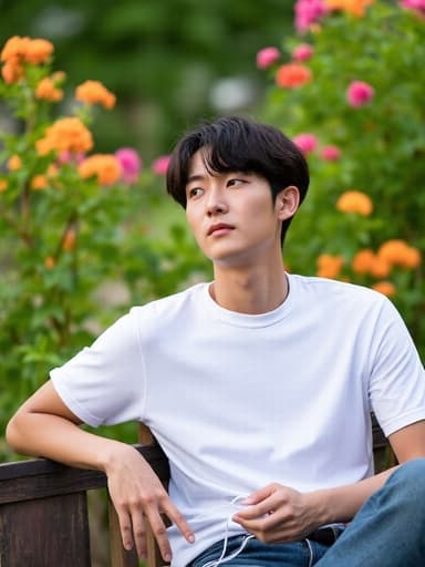 이 이미지는 자연스러운 외모를 가진 20대 후반의 한국 남성이 편안한 티셔츠와 청바지를 입고 정원 의자에 기대어 이어폰을 들고 있는 모습입니다. 그는 음악을 감상하는 듯한 피곤한 표정을 지으며, 아름다운 꽃들로 가득한 정원에서 편안하고 평화로운 분위기를 만들어냅니다.
