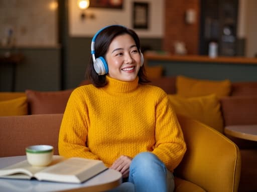 40대 중반의 매력적인 한국인 여성이 밝은 색의 니트와 청바지를 입고 아늑한 카페의 소파에 앉아 있는 반신 사진입니다. 그녀는 헤드폰을 착용하고 매력적인 미소를 지으며 음악에 몰입하고 있으며, 테이블 위에는 커피 한 잔과 열린 책이 놓여 있어 따뜻하고 초대하는 분위기를 자아냅니다.