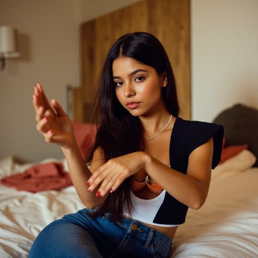 화려한 탑과 트렌디한 청바지를 입은 10대 후반의 라틴계 여성 모델이 아늑한 침실에서 자연스럽게 포즈를 취하고 있으며, 편안하고 차분한 표정을 짓고 있습니다. 부드러운 조명과 세련된 장식이 있는 공간이 매력적인 분위기를 만들어냅니다.