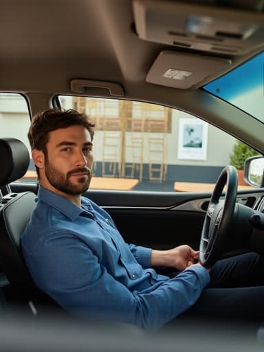 30대 후반의 자신감 있는 라틴계 남성이 현대적인 학원에서 우아하게 운전하고 있으며, 편안한 티셔츠와 청바지를 입고 있습니다. 배경에는 교육 관련 포스터와 책상이 있어 학습과 성장의 주제를 강조하고 있습니다.