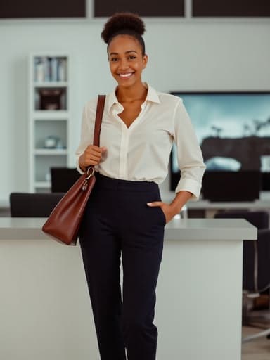 이 이미지는 매력적인 혼혈 여성으로, 40대 중반의 나이에 세련된 비즈니스 캐주얼 의상을 입고 있습니다. 그녀는 매력적인 미소를 띠고 있으며, 어깨에 가방을 편안하게 메고 있습니다. 현대적인 사무실 공간을 배경으로 책상과 컴퓨터가 배치되어 있어 프로페셔널함과 친근함을 동시에 잘 표현하고 있습니다.