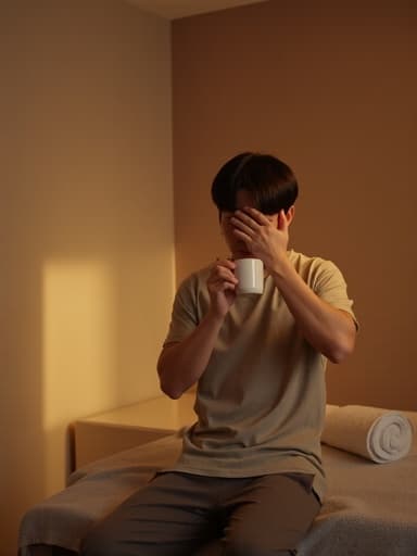 20대 중반의 한국 남성이 자연스러운 외모로 반신 촬영되었습니다. 편안한 티셔츠와 운동복 바지를 입고 있으며, 슬픈 표정으로 눈물이 맺혀 있습니다. 한 손에는 커피 컵을 들고 다른 손으로는 얼굴을 감싸며 슬픈 자세를 취하고 있습니다. 배경은 아늑한 마사지샵의 편안한 조명과 마사지 테이블로 구성되어 있어, 모델의 감정 상태를 강조하는 조용하면서도 우울한 분위기를 만들어냅니다.