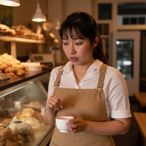 30대 중반의 동양인 여성이 캐주얼한 원피스를 입고 아늑한 베이커리 안에서 컵을 들고 음료를 마시려는 자세로 서 있으며, 화난 표정을 짓고 있습니다. 배경에는 다양한 빵과 과자가 진열되어 있어 따뜻한 분위기를 자아내고 있습니다.