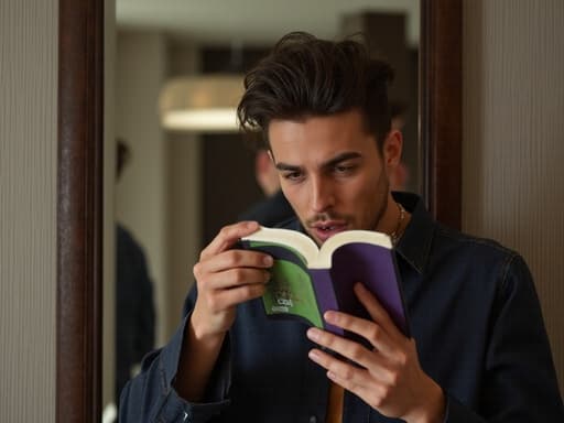 20대 후반의 중동계 남성이 세련된 캐주얼 의상과 멋진 액세서리를 착용하고, 책을 읽으며 화난 표정을 짓고 있는 모습의 반신 촬영. 배경에는 거울이 있어 그의 모습과 액세서리를 강조하며, 현대적이고 강렬한 분위기를 만들어냅니다.