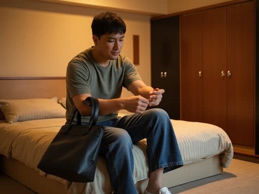 30대 후반의 동양인 남성이 불만스러운 표정을 지으며 캐주얼한 의상과 스타일리시한 가방을 매치하고, 침대와 옷장이 있는 아늑한 침실에서 신발을 신으면서 가방을 확인하는 모습의 반신 촬영.