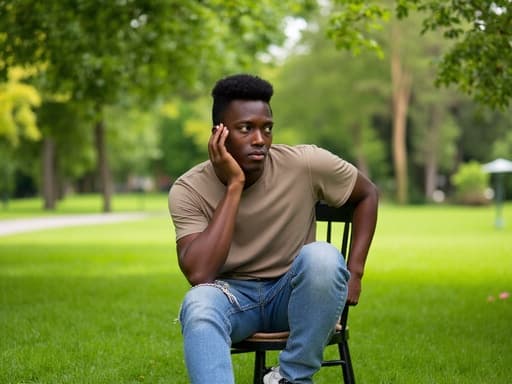 푸르고 화려한 공원 설정에서 의자에 앉아 있는 10대 후반의 흑인 남성을 반신 촬영한 이미지입니다. 그는 편안한 티셔츠와 청바지, 운동화를 착용하고 있으며, 한쪽 팔은 의자에 기대고 다른 손으로 턱을 괸 채로 생각에 잠긴 모습입니다. 그의 표정은 불안해 보이며, 주위를 경계하는 모습이 드러납니다. 배경에는 푸른 잔디와 나무, 꽃들이 있어 고요하면서도 약간 긴장된 분위기를 자아냅니다.