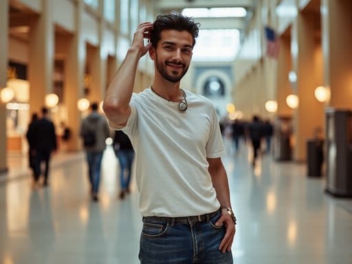 자연스럽게 미소 짓고 있는 30대 초반의 백인 남성이 캐주얼한 티셔츠와 청바지, 세련된 액세서리를 착용하고 손을 머리에 얹은 자세로 화려한 쇼핑몰 내부에서 포즈를 취하고 있습니다.