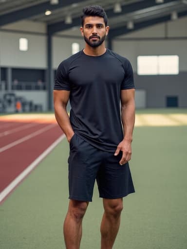 30대 중반의 중동계 남성이 세련된 운동복을 입고 실내 체육관에서 운동에 집중하고 있는 모습으로, 넓고 잘 조명된 환경 속에서 자신감 넘치는 표정을 짓고 있습니다.