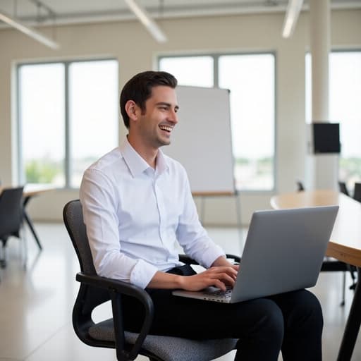 행복한 표정을 지으며 자신감 넘치는 중동계 10대 후반 남성이 화이트 셔츠와 블랙 팬츠를 입고, 모던한 회의실에서 노트북에 타이핑을 하고 있는 모습. 밝고 전문적인 분위기를 자아내는 공간입니다.