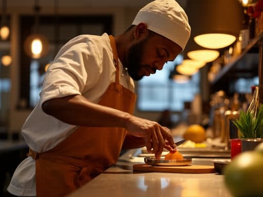 30대 후반의 흑인 남성 셰프가 아늑한 식당 주방에서 전통적인 셰프 복장을 입고 촬영된 반신 사진입니다. 그는 식탁 위에서 재료를 준비하며 긴장한 표정을 지으며 요리에 집중하고 있습니다. 밝은 조명이 주변의 다양한 주방 도구를 강조하며, 그의 요리에 대한 헌신을 반영하는 아늑한 분위기를 만들어냅니다.