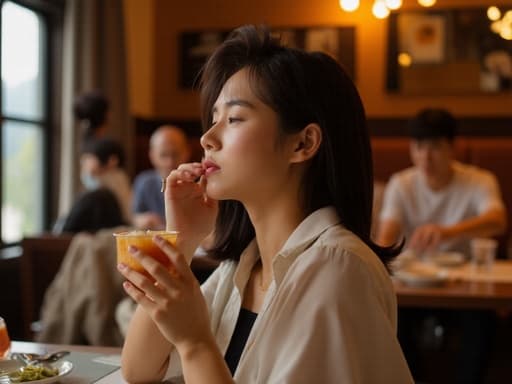 30대 초반의 한국인 여성은 캐주얼한 블라우스와 청바지를 입고 아늑한 레스토랑 테이블에 앉아 있습니다. 그녀는 음료를 손에 쥐고 절망적인 표정으로 바라보고 있습니다. 주변에 다른 손님들이 있는 따뜻한 레스토랑의 분위기가 이 장면의 감정적 깊이를 더해줍니다.