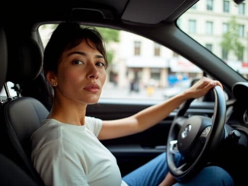 이 이미지는 40대 중반의 중동계 여성이 편안한 티셔츠와 청바지를 입고 차를 운전하는 모습입니다. 그녀는 무표정으로 운전대를 잡고 집중하며, 배경은 활기찬 도시 풍경을 반영하고 있습니다.