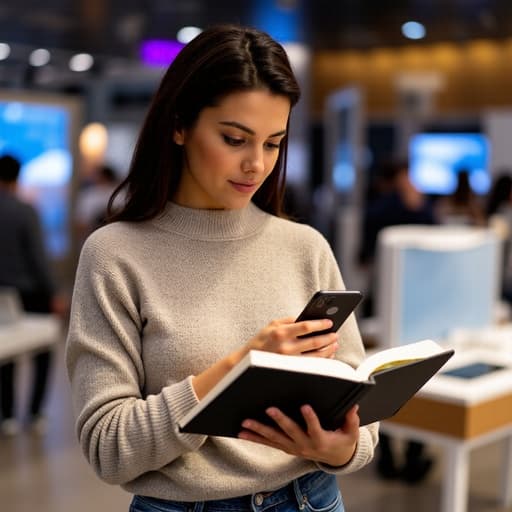 30대 후반의 유럽계 여성이 편안한 니트 스웨터와 청바지를 입고 현대적인 전자매장에 서 있습니다. 그녀는 한 손에 스마트폰을, 다른 손에 책을 들고 흥미로운 내용을 발견한 듯한 열정적인 표정을 지으며 있습니다. 최신 기기들이 배치된 현대적인 배경이 생동감 있고 매력적인 분위기를 만들어냅니다.
