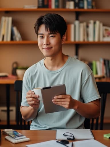 편안한 표정으로 미소 짓고 있는 10대 후반의 아시아계 남성이 캐주얼한 티셔츠와 청바지를 입고, 한 손에는 태블릿을 들고 다른 손으로 커피를 마시는 모습이 반신 촬영으로 담겨져 있습니다. 배경은 책과 노트가 정돈된 아늑한 스터디룸입니다.