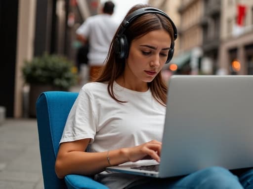 40대 초반의 중동계 여성이 피곤한 표정을 지으며, 바쁜 도시 거리에서 노트북 앞에 앉아 음악에 몰두하고 있는 모습의 반신 촬영입니다. 그녀는 편안한 티셔츠와 청바지를 입고 있으며, 노트북 화면을 터치하며 음악에 집중하고 있습니다. 배경에는 주변 사람들이 지나가는 모습이 있어 그녀 주변의 생동감 있는 도시 생활을 강조합니다.