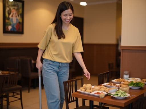 30대 후반의 행복한 아시아계 여성이 캐주얼한 티셔츠와 청바지를 입고 반신 촬영된 모습입니다. 그녀는 한 손에 간식을 들고 다른 손으로 청소 도구로 바닥을 쓸면서 따뜻하게 미소 짓고 있습니다. 배경에는 맛있는 음식이 놓인 아늑한 식당 내부가 있어 장면의 초대하고 행복한 분위기를 더합니다.