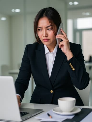 40대 중반의 동양인 여성이 정장 차림으로 노트북을 치며 전화를 들고 분노한 표정을 짓고 있는 모습이 현대적인 사무실 환경에서 촬영된 이미지입니다. 책상 위에는 문서와 커피 컵이 놓여 있습니다.