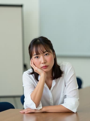 30대 중반의 한국인 여성이 회의실 테이블에 앉아 한 손으로 머리를 감싸며 약간 짜증난 표정을 짓고 있습니다. 배경은 화이트보드와 의자가 배치된 전문적인 세팅의 커뮤니티 센터 회의실로, 모임의 분위기를 강조합니다.