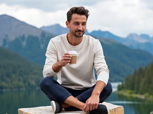30대 후반의 세련되고 여유로운 백인 남성이 편안한 필라테스 복장과 운동화를 착용하고 있는 반신 사진. 한 손에 커피 컵을 들고 다른 손은 자연스럽게 턱에 대고 있으며, 차분하고 만족스러운 표정을 짓고 있습니다. 배경은 아름다운 산 경치로 자연 환경을 형성하고 있어 그의 스타일리시한 외모와 잘 어울립니다.