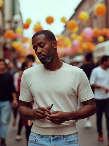 50대 초반의 아프리카계 남성이 캐주얼한 티셔츠와 청바지를 입고 고민하는 표정을 지으며 화장품을 들고 화장하는 모습, 분주한 거리에 생일 파티 준비가 보이며 축제 분위기 속에서 개인적인 성찰을 담고 있습니다.