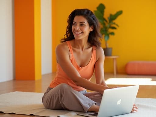 40대 초반의 중동계 여성이 편안한 요가복을 착용하고 노트북을 사용하며 스트레칭을 하고 있는 모습입니다. 아름답게 꾸며진 요가 스튜디오의 밝고 조화로운 분위기 속에서 그녀의 활기찬 표정은 에너지를 느끼게 합니다.