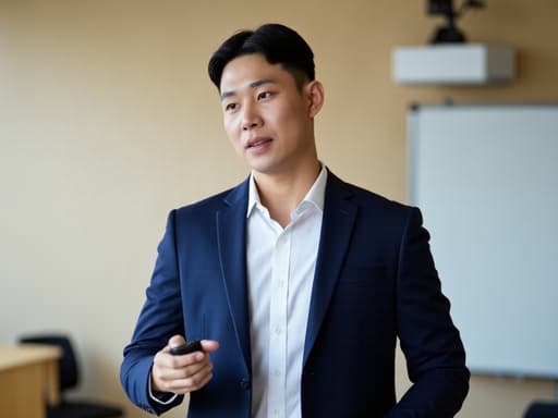 이미지는 깔끔한 화이트 셔츠와 네이비 블루 블레이저를 입은 30대 초반의 동양인 남성이 리모컨을 쥐고 자신감 있게 강의하는 모습을 담고 있습니다. 화이트보드와 프로젝터가 배치된 현대적인 강의실 배경이 전문적인 분위기를 한층 더해주어 장면을 동적이고 매력적으로 만듭니다.