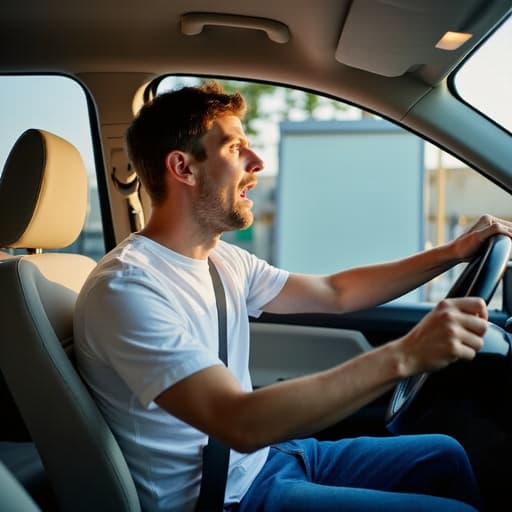 30대 후반 백인 남성이 편안한 티셔츠와 청바지를 입고 스터디룸에 앉아 있는 반신 사진입니다. 그는 불만스러운 표정을 지으며 운전하는 자세로 스티어링 휠을 잡고 있으며, 배경에는 책상과 의자, 화이트보드가 있어 학문적인 분위기 속에서의 불만스러운 순간을 보여줍니다.