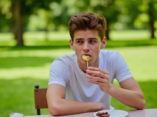 이 이미지는 20대 초반의 유럽계 남성이 편안한 운동복을 입고 공원의 피크닉 테이블에 앉아 있는 모습을 보여줍니다. 그는 한 손에 음식을 들고 찡그린 표정을 지으며 음식을 먹고 있습니다. 배경의 생생한 녹색이 이 장면의 즐거운 분위기를 더해줍니다.