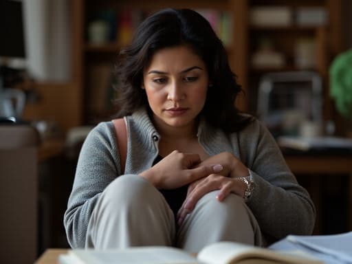 40대 초반 중동계 여성이 편안한 스포츠웨어를 착용하고 다리를 뻗고 앉아 책상 위의 책을 바라보며 슬픈 표정을 짓고 있는 반신 사진입니다. 배경은 다양한 학습 자료와 책들로 가득 찬 아늑한 스터디룸으로, 이 장면의 감정적 무게를 더욱 강조하는 친밀한 분위기를 연출합니다.