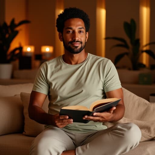 자신감 넘치는 40대 초반의 라틴계 남성이 아늑한 소파에 앉아 책을 읽고 있는 모습이 반신 샷으로 담겨 있습니다. 그는 편안한 티셔츠와 바지를 입고 있으며, 여유로운 스타일을 잘 표현하고 있습니다. 배경은 부드러운 조명과 아로마 향이 가득한 조용한 스파의 내부를 보여주며, 전체적으로 평온한 분위기를 더하고 있습니다.