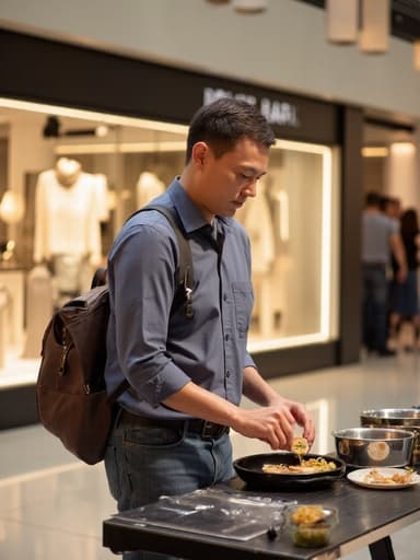 40대 중반의 아시아계 남성이 반신샷으로 포착되어 있습니다. 캐주얼한 셔츠와 청바지를 입고 한쪽 어깨에 스타일리시한 가방을 매고 있습니다. 그는 요리 재료를 다루며 차분한 표정을 짓고 있으며, 다양한 패션 아이템이 진열된 현대적인 쇼핑몰 내부를 배경으로 하고 있습니다.