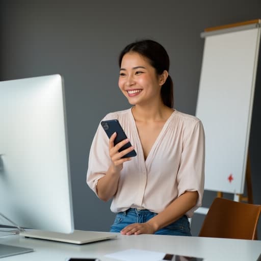 이 이미지는 자연스러운 외모를 지닌 20대 중반의 유럽계 여성이 세련된 블라우스와 청바지를 입고 밝게 웃고 있는 모습입니다. 스마트폰을 손에 들고 컴퓨터 화면을 주의 깊게 바라보며, 화이트보드와 플립차트가 배치된 현대적인 회의실에서 프로페셔널하고 긍정적인 분위기를 전달합니다.