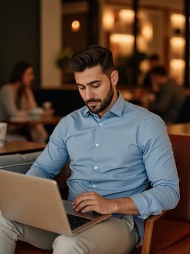 30대 중반의 중동계 남성이 현대적인 공유 오피스에 앉아 있으며, 캐주얼한 셔츠와 슬랙스를 착용하고 있습니다. 그는 노트북 앞에서 이메일을 작성하는 데 집중하고 있으며, 현대적인 작업 공간을 반영하는 따뜻하고 매력적인 분위기 속에 있습니다.