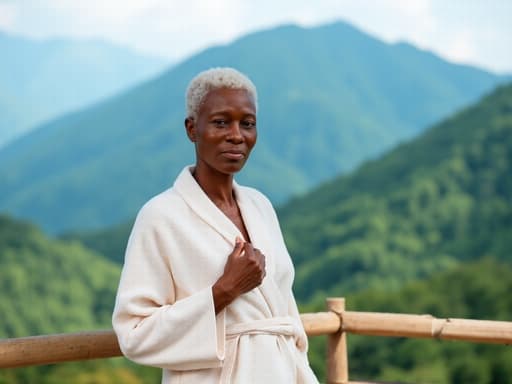 40대 중반의 아프리카계 여성이 편안한 스파 가운을 입고 있는 반신 사진입니다. 그녀는 무관심한 표정을 지으며, 가벼운 손짓으로 가운을 조정하며 여유로운 모습을 보이고 있습니다. 배경에는 푸른 산과 무성한 자연 풍경이 펼쳐져 있어 전체적인 분위기를 느긋하고 차분하게 만들어줍니다.