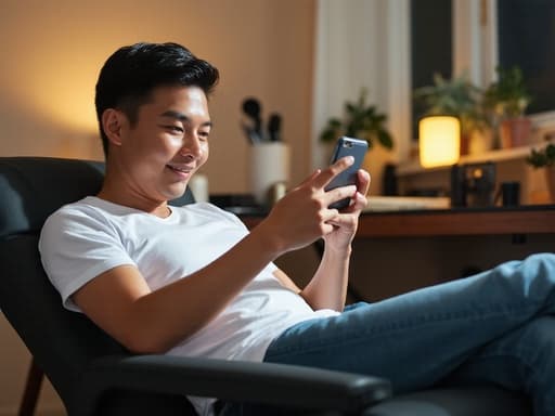 40대 중반의 동양인 남성이 캐주얼한 티셔츠와 청바지를 입고 아늑한 개인 공간에서 편안하게 앉아 있는 반신 촬영 모습입니다. 그는 소셜미디어를 사용하며 다리를 뻗은 채 여유롭고 편안한 표정을 짓고 있습니다. 배경에는 책상과 컴퓨터가 깔끔하게 배치되어 있어 전체적인 분위기를 아늑하고 편안하게 만들어 줍니다.