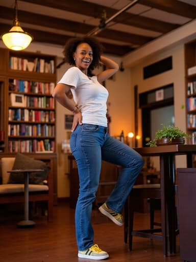 20대 초반의 아프리카계 여성 한 명이 도서관 내부에서 화사한 신발을 신기 위해 한쪽 발을 들어올리며 미소를 짓고 있는 모습이 반신으로 촬영되었습니다. 따뜻한 조명이 비추는 책들이 가득한 도서관에서 활기찬 분위기가 느껴집니다.