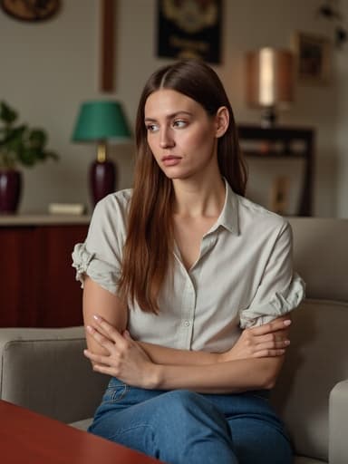 20대 초반의 백인 여성은 거실 소파에 앉아 편안한 블라우스와 청바지를 입고 있습니다. 그녀는 자연스러운 외모를 가지며 불만스러운 표정을 지으며 회의 테이블을 바라보고 있어 약간의 피로감이 느껴집니다. 배경은 혼잡한 느낌을 주는 장식들이 있는 거실입니다.