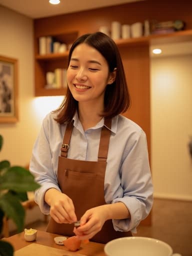 편안한 홈웨어와 앞치마를 착용한 30대 중반의 한국인 여성이 아늑한 주방에서 요리를 하며 매력적인 미소를 지으며 즐거운 표정을 짓고 있습니다. 따뜻한 조명으로 연결된 침실이 보이는 모습 속에서 그녀는 집에서 요리하는 즐거움과 따뜻한 분위기를 잘 나타내고 있습니다.