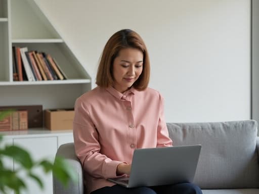 40대 중반의 동양인 여성의 반신 샷으로, 세련된 블라우스와 편안한 슬랙스를 착용하고 소파에 앉아 노트북을 사용하고 있습니다. 그녀는 고급스러운 표정으로 지식에 대한 열망을 드러내며, 배경에는 책장과 화이트보드가 있는 현대적인 강의실이 있습니다.