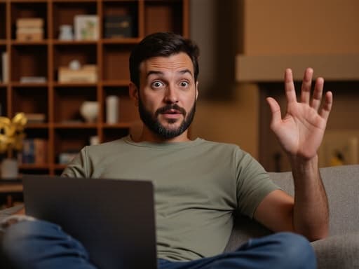 30대 후반의 자연스러운 외모를 가진 백인 남성이 아늑한 집 사무실의 소파에 앉아 편안한 티셔츠와 청바지를 입고 있습니다. 그는 놀란 표정을 짓고 눈이 크게 뜨여 있으며, 노트북 화면을 바라보며 손을 들고 있습니다. 배경은 따뜻한 조명이 비치는 거실과 책상, 책장이 있어 아늑한 분위기를 만들어냅니다.