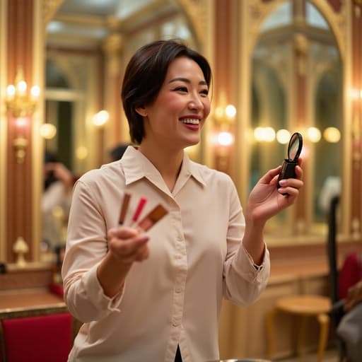 50대 초반의 동양인 여성이 세련된 블라우스와 편안한 바지를 입고, 행복한 표정을 지으며 화장품을 펼친 손에 들고 있는 반신 사진. 배경은 다양한 거울이 있는 화려한 미러룸으로, 빛을 반사하여 우아한 분위기를 만들어냅니다. 여성의 즐거운 표정과 편안한 자세가 세련된 환경과 잘 어우러져, 그녀가 선보이는 화장품의 아름다움과 매력을 강조합니다.