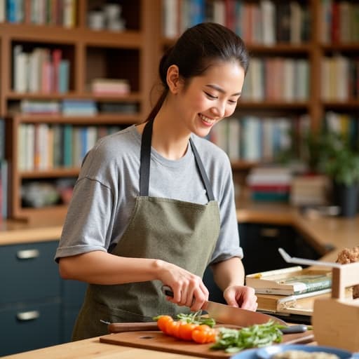 이 이미지는 30대 후반의 한국인 여성이 편안한 운동복과 앞치마를 입고 활기차게 미소 지으며 재료를 썰고 있는 모습의 반신 사진을 보여줍니다. 주변에는 책과 요리책이 놓여 있어 아늑한 주방의 요리 창의성과 따뜻한 분위기를 만들어냅니다.