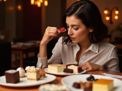 아늑한 식당 내부에서 다양한 디저트가 놓인 테이블에 앉아 놀란 표정을 짓고 있는 50대 초반 중동계 여성의 반신 사진. 편안한 블라우스와 청바지를 입고 한 입 먹으려는 자세입니다.
