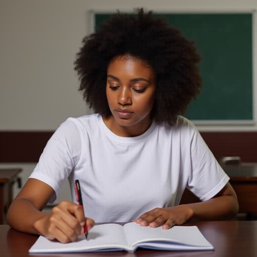 30대 초반의 흑인 여성은 캐주얼한 티셔츠와 청바지를 입고 반신 촬영된 모습입니다. 그녀는 노트를 집중해서 바라보며 강하게 펜을 눌러 쓰고 있습니다. 책상과 칠판이 있는 교실 배경이 그녀의 집중한 표정과 잘 어울려 학업적인 분위기를 더합니다.