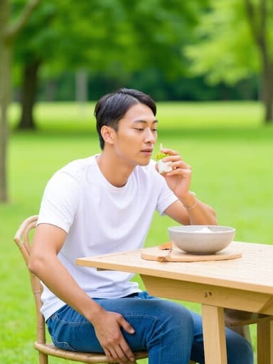이 이미지는 20대 후반의 동양인 남성이 흰색 티셔츠와 청바지를 입고 야외 테이블에 앉아 있는 모습을 담고 있습니다. 그는 푸른 잔디에 둘러싸여 있으며, 차분한 표정으로 맛있는 디저트를 즐기고 있어 여유롭고 즐거운 분위기를 연출하고 있습니다.