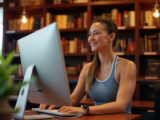 30대 초반의 혼혈 여성의 반신샷. 편안한 운동복을 입고 키보드를 타이핑하며 행복하게 미소짓고 있는 모습. 배경은 아름답게 꾸며진 도서관으로, 책장과 따뜻한 조명이 어우러져 아늑하고 초대하는 분위기를 만들어냅니다.